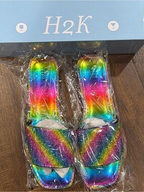 H2K Rainbow Crystal Slide Sandals - Multicolor Sparkle